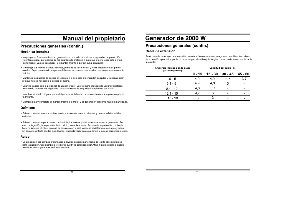 Manual del propietario, Generador de 2000 w, Precauciones generales (contin.) | All Power APG3014 User Manual | Page 7 / 25
