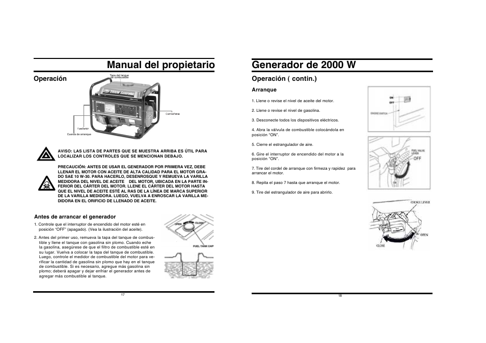 Manual del propietario, Generador de 2000 w, Operación | Operación ( contin.) | All Power APG3014 User Manual | Page 9 / 25