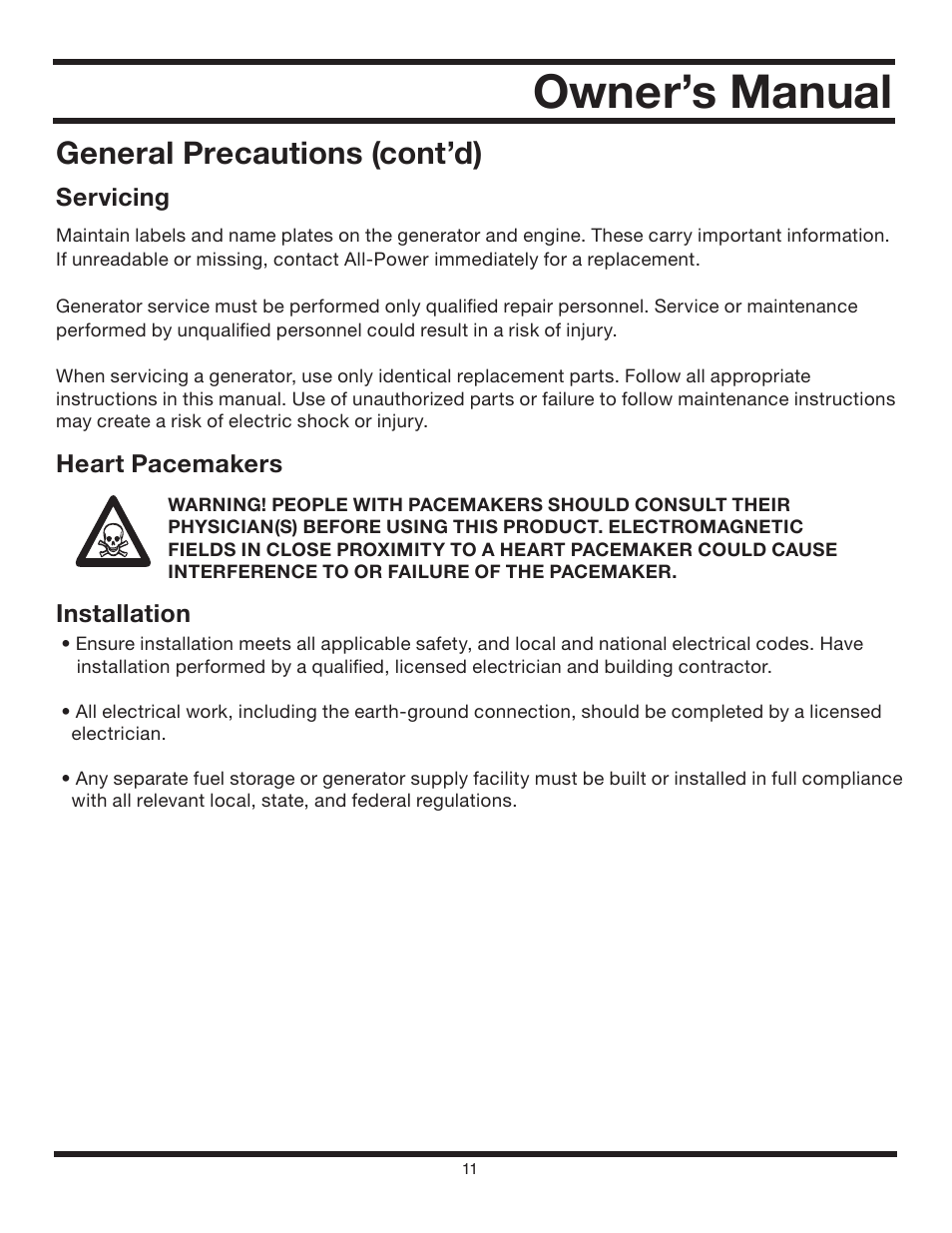 Owner’s manual, General precautions (cont’d), Servicing | Heart pacemakers, Installation | All Power APG3012 User Manual | Page 11 / 46