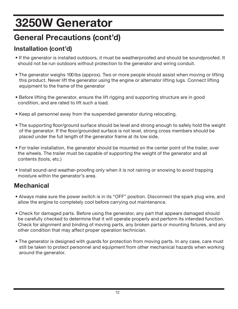 3250w generator, General precautions (cont’d) | All Power APG3012 User Manual | Page 12 / 46