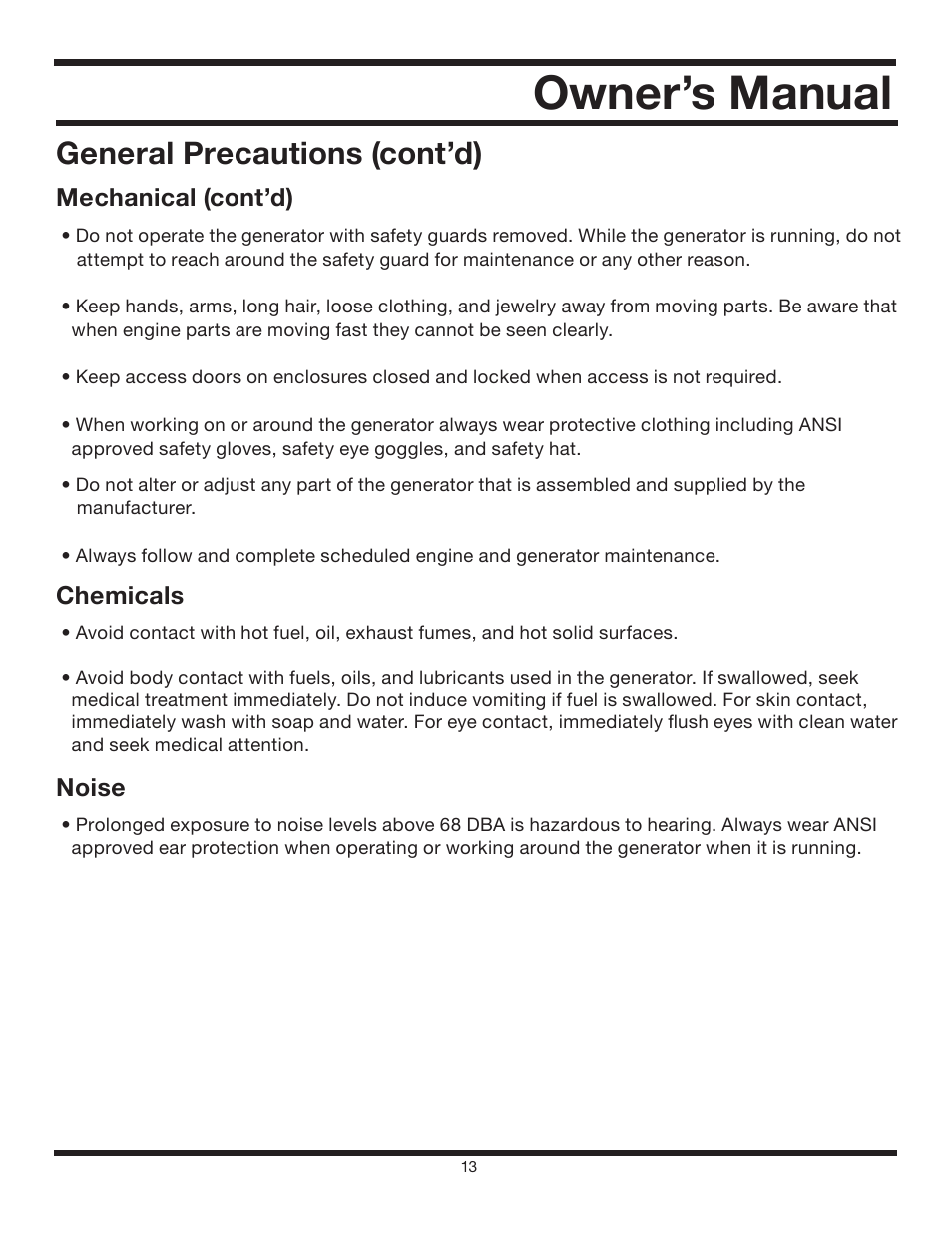 Owner’s manual, General precautions (cont’d) | All Power APG3012 User Manual | Page 13 / 46