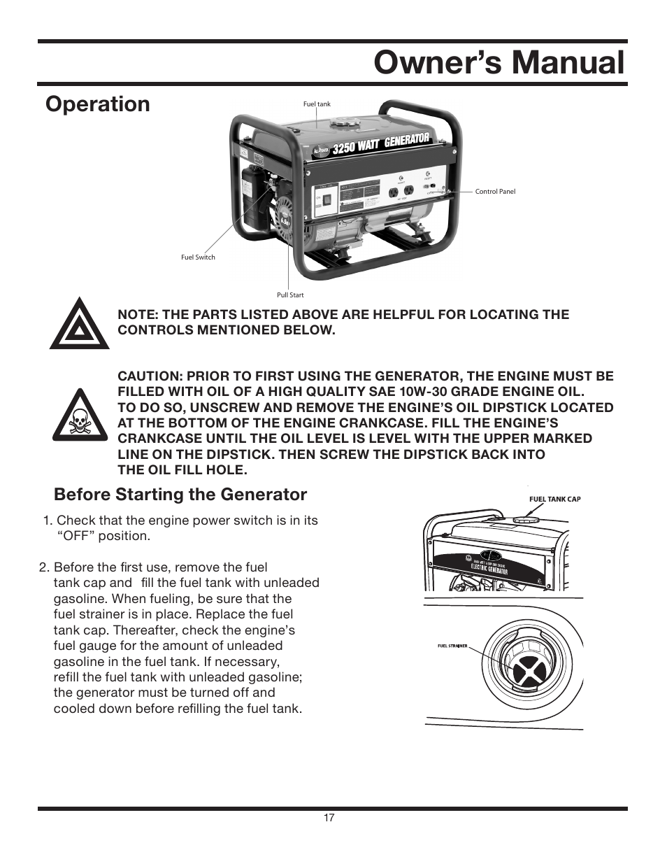 Owner’s manual, Operation, Before starting the generator | All Power APG3012 User Manual | Page 17 / 46