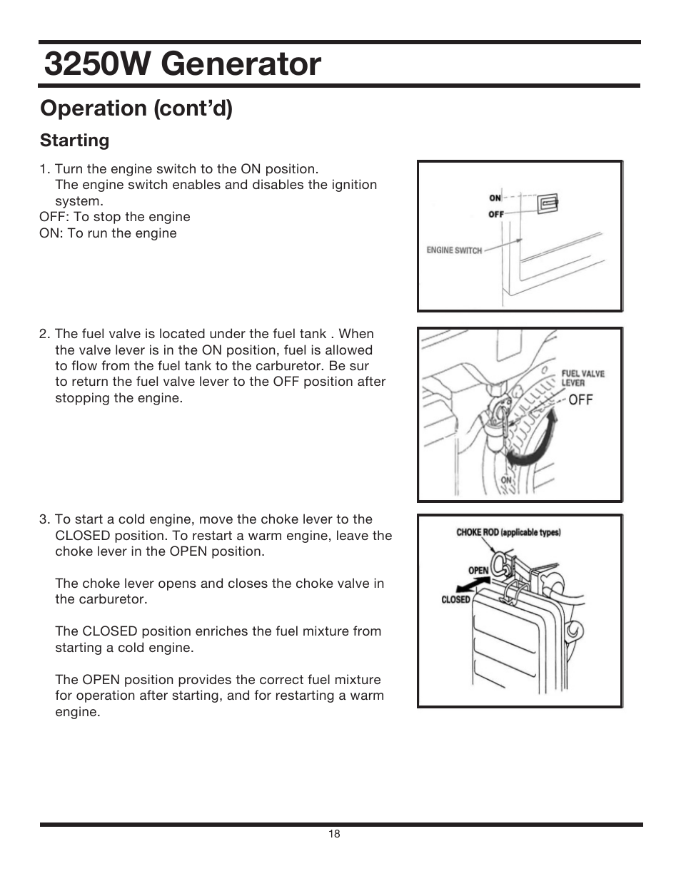 3250w generator, Operation (cont’d) | All Power APG3012 User Manual | Page 18 / 46