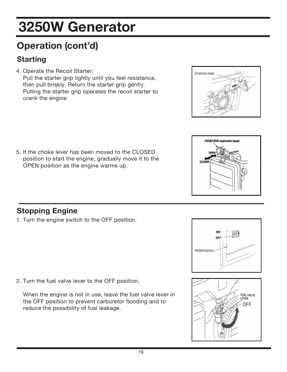 3250w generator, Operation (cont’d) | All Power APG3012 User Manual | Page 19 / 46