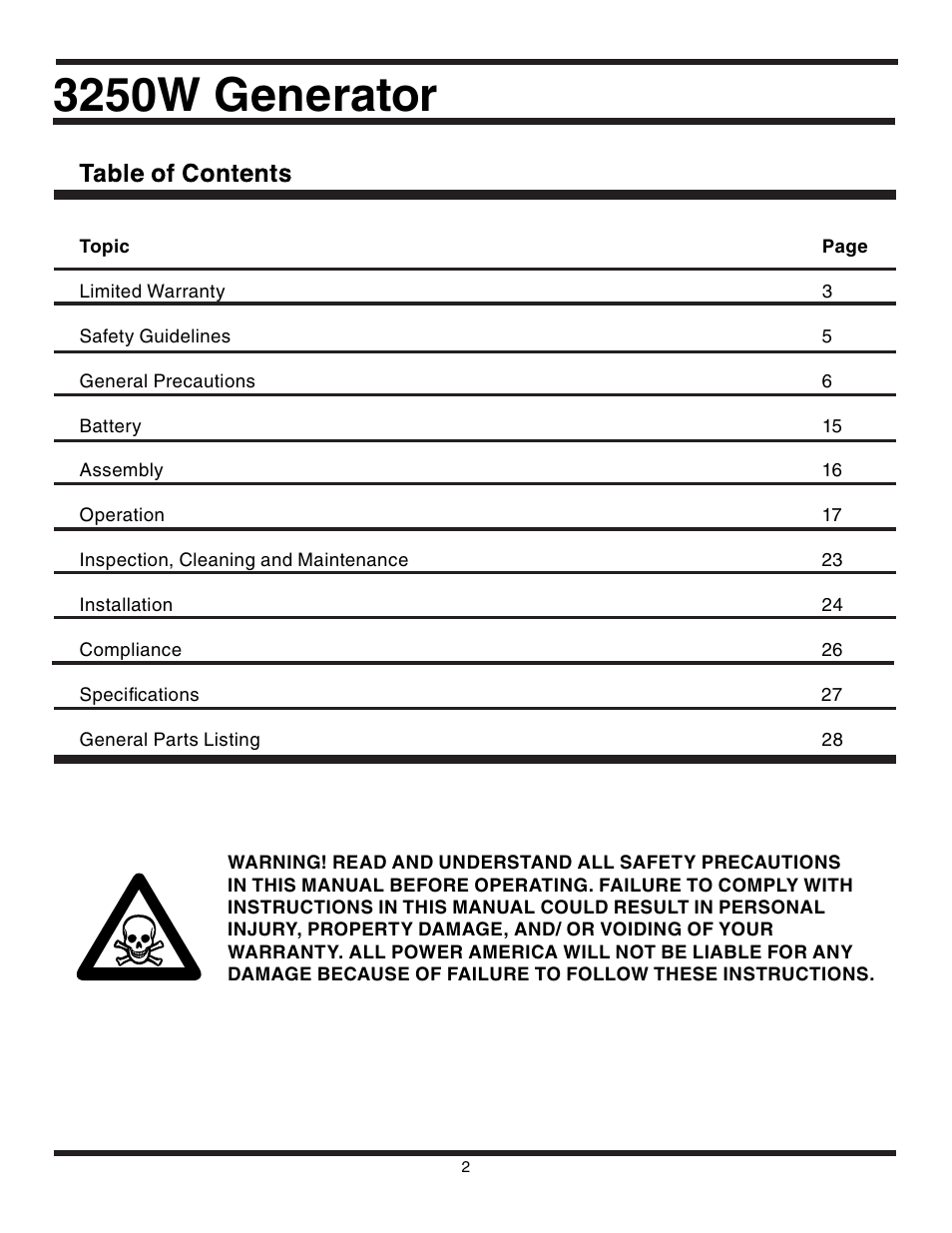 3250w generator | All Power APG3012 User Manual | Page 2 / 46