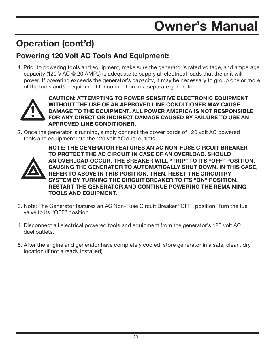 Owner’s manual, Operation (cont’d), Powering 120 volt ac tools and equipment | All Power APG3012 User Manual | Page 20 / 46
