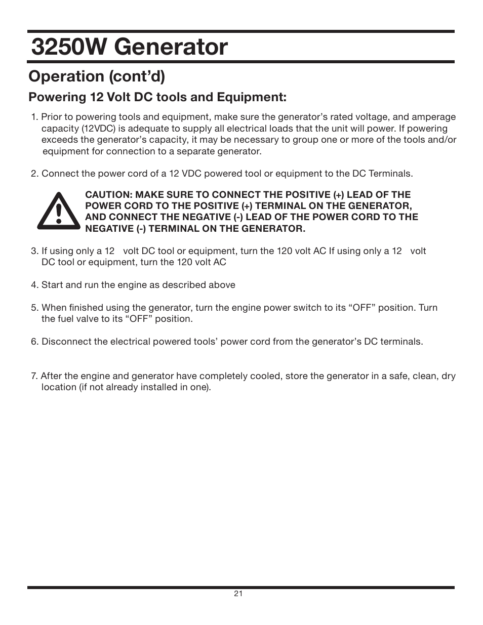 3250w generator, Operation (cont’d), Powering 12 volt dc tools and equipment | All Power APG3012 User Manual | Page 21 / 46