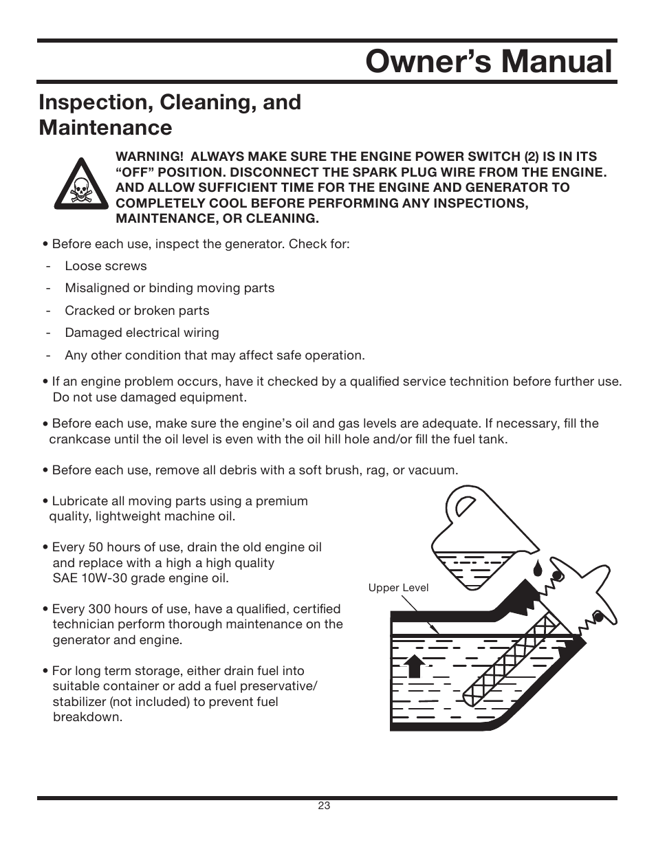 Owner’s manual, Inspection, cleaning, and maintenance | All Power APG3012 User Manual | Page 23 / 46