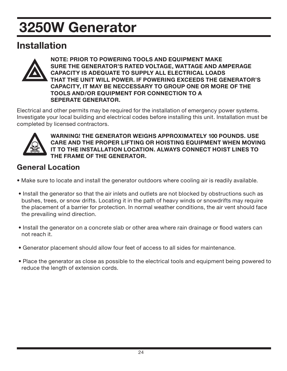 3250w generator, Installation, General location | All Power APG3012 User Manual | Page 24 / 46