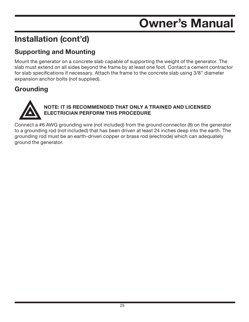 Owner’s manual, Installation (cont’d) | All Power APG3012 User Manual | Page 25 / 46