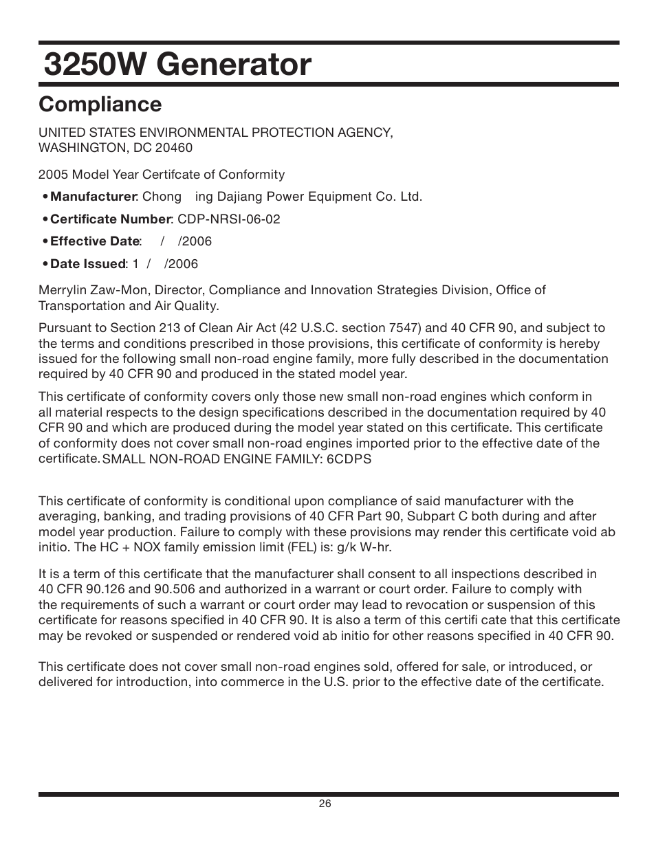 3250w generator, Compliance | All Power APG3012 User Manual | Page 26 / 46