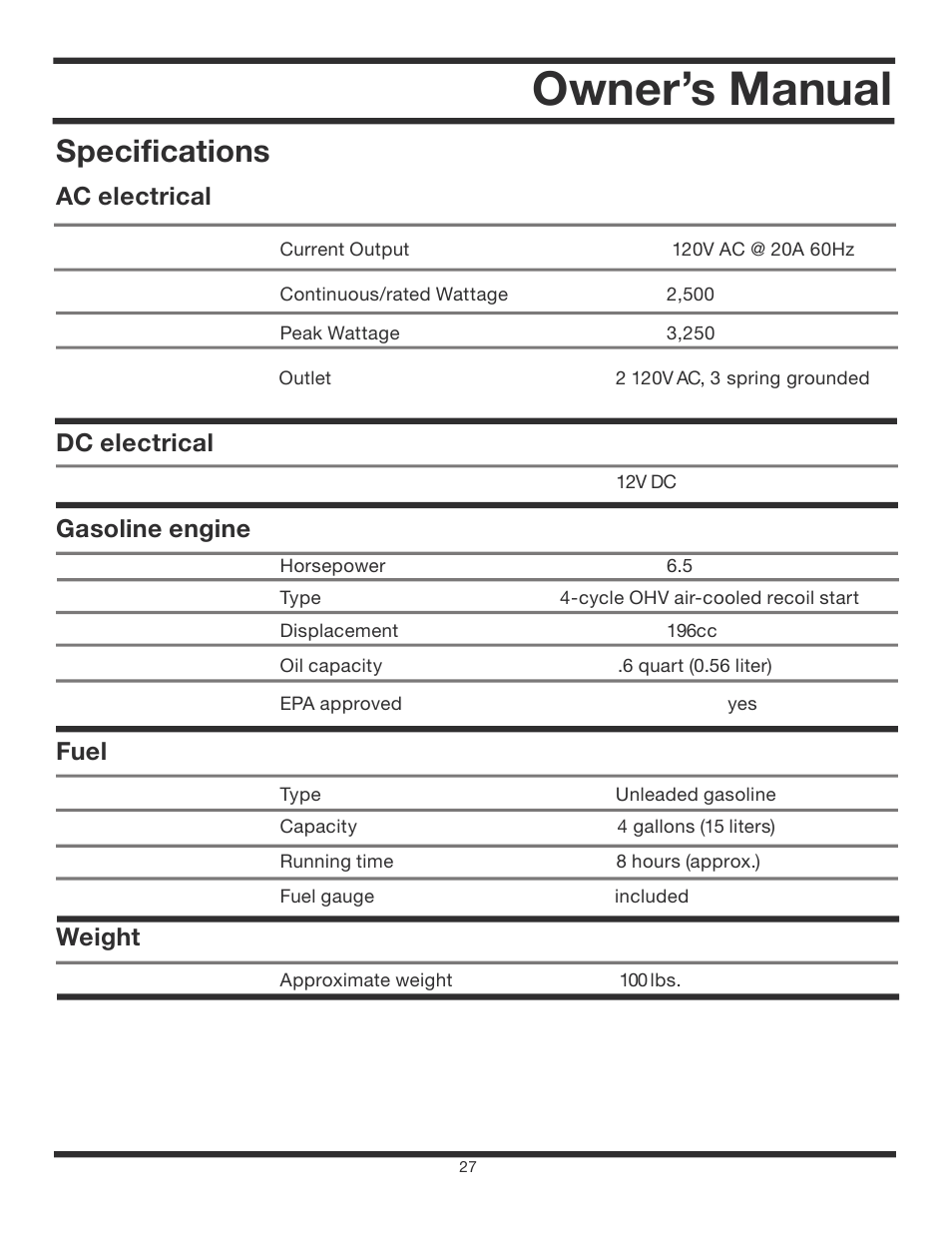Owner’s manual, Specifications, Ac electrical dc electrical | Gasoline engine fuel, Weight | All Power APG3012 User Manual | Page 27 / 46