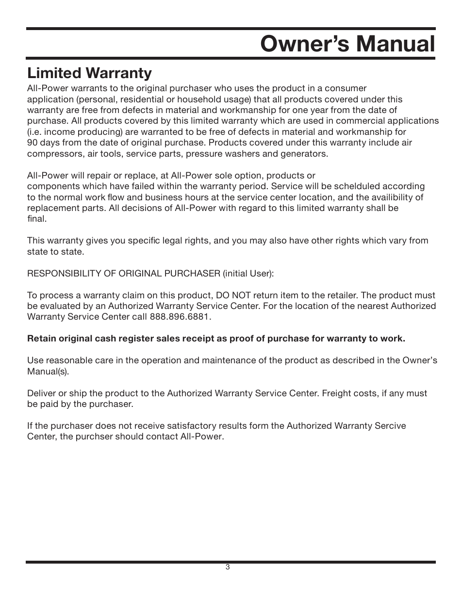 Owner’s manual, Limited warranty | All Power APG3012 User Manual | Page 3 / 46