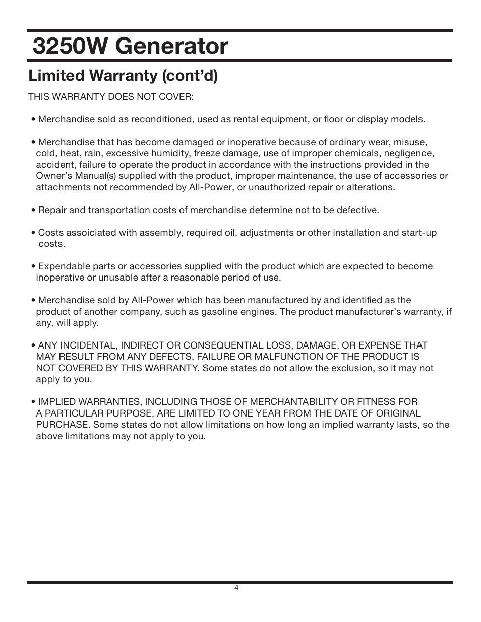 3250w generator, Limited warranty (cont’d) | All Power APG3012 User Manual | Page 4 / 46