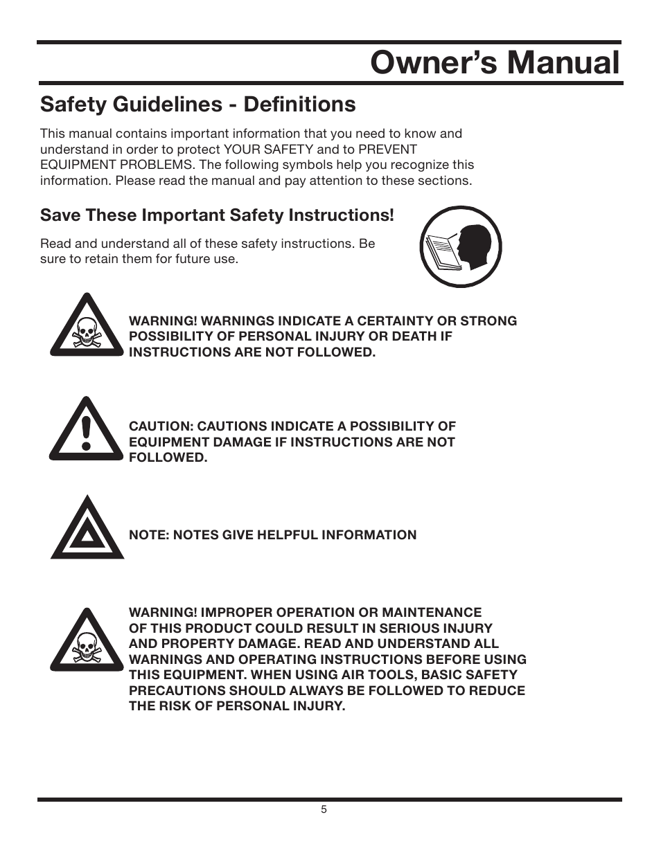 Owner’s manual, Safety guidelines - definitions, Save these important safety instructions | All Power APG3012 User Manual | Page 5 / 46