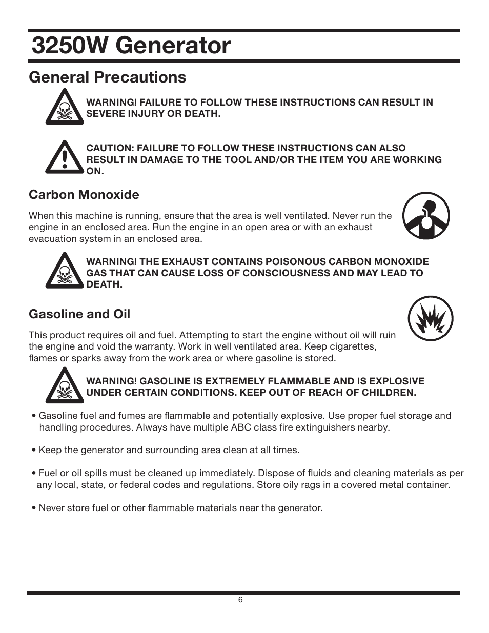 3250w generator, General precautions, Carbon monoxide | Gasoline and oil | All Power APG3012 User Manual | Page 6 / 46