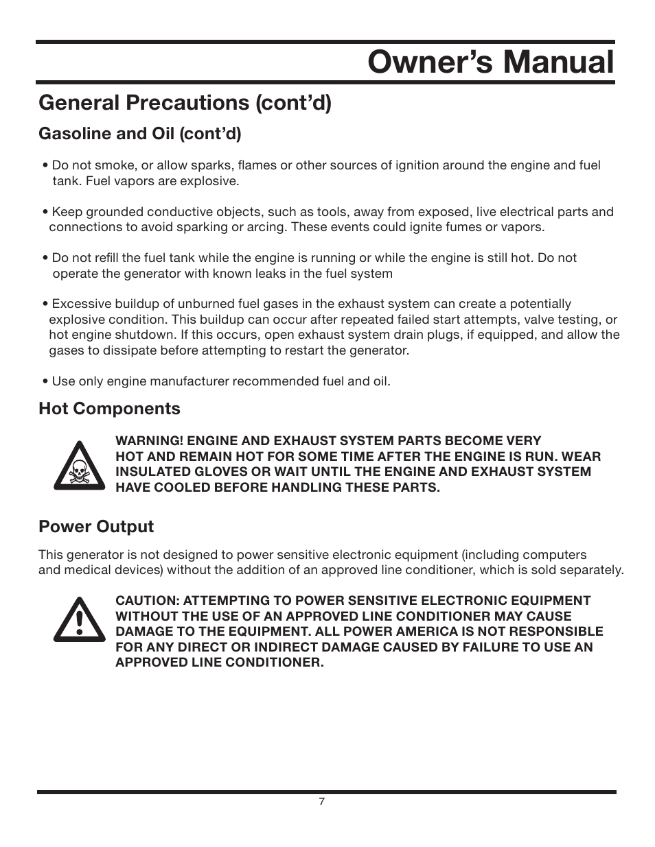 Owner’s manual, General precautions (cont’d), Gasoline and oil (cont’d) | Hot components, Power output | All Power APG3012 User Manual | Page 7 / 46