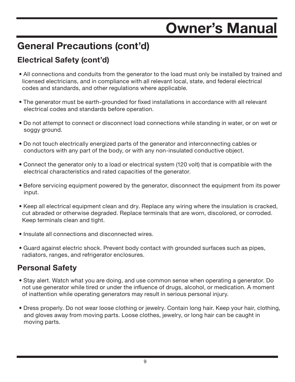 Owner’s manual, General precautions (cont’d) | All Power APG3012 User Manual | Page 9 / 46