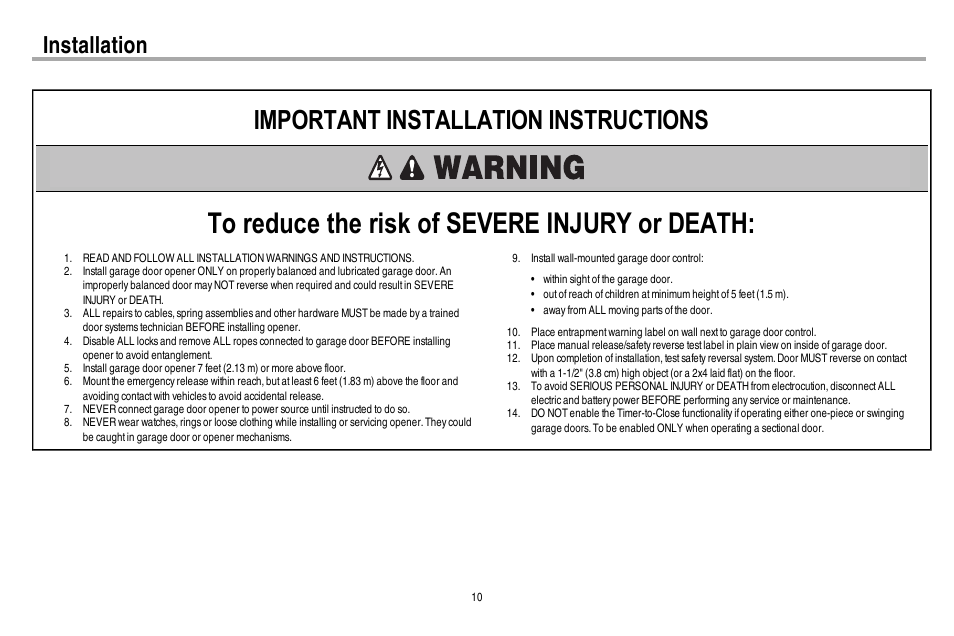 Installation, Important installation instructions | Chamberlain WD962KEV User Manual | Page 11 / 48