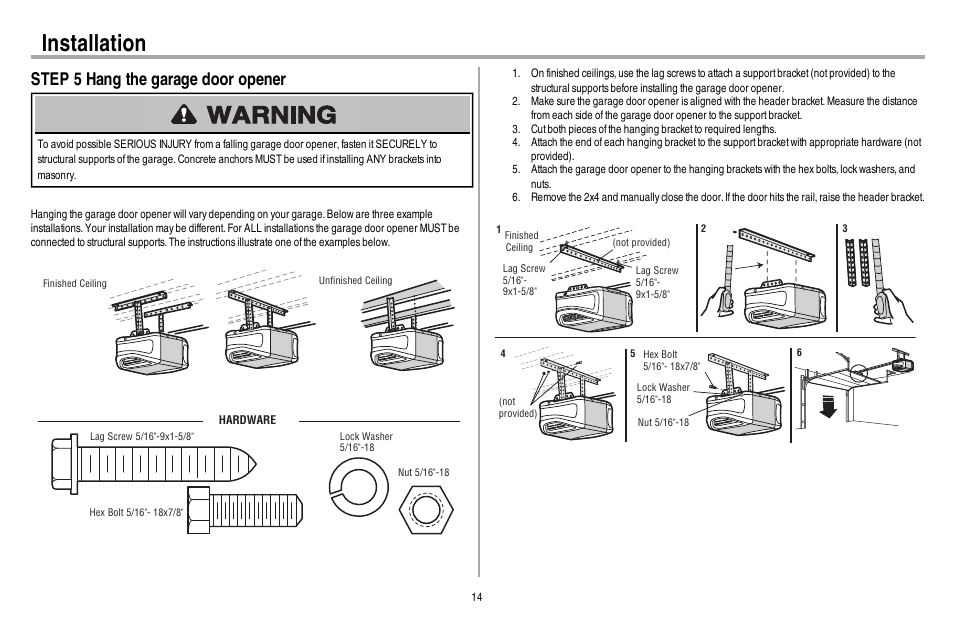 Step 5 hang the garage door opener, Installation | Chamberlain WD962KEV User Manual | Page 15 / 48