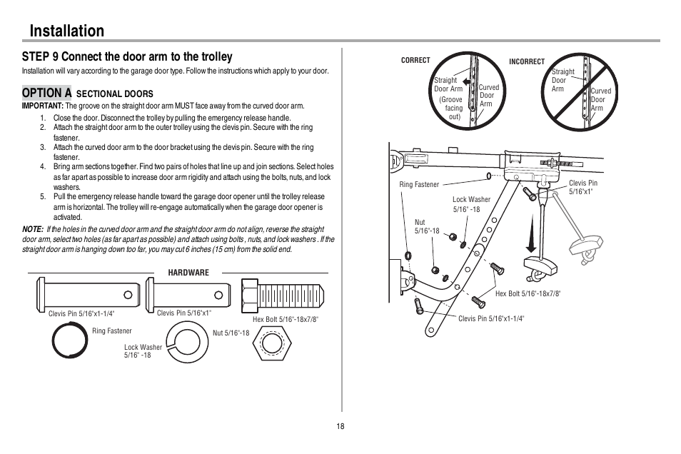Step 9 connect the door arm to the trolley, Option a sectional doors, Installation | Option a | Chamberlain WD962KEV User Manual | Page 19 / 48