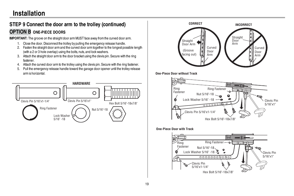 Option b one-piece doors, Installation | Chamberlain WD962KEV User Manual | Page 20 / 48