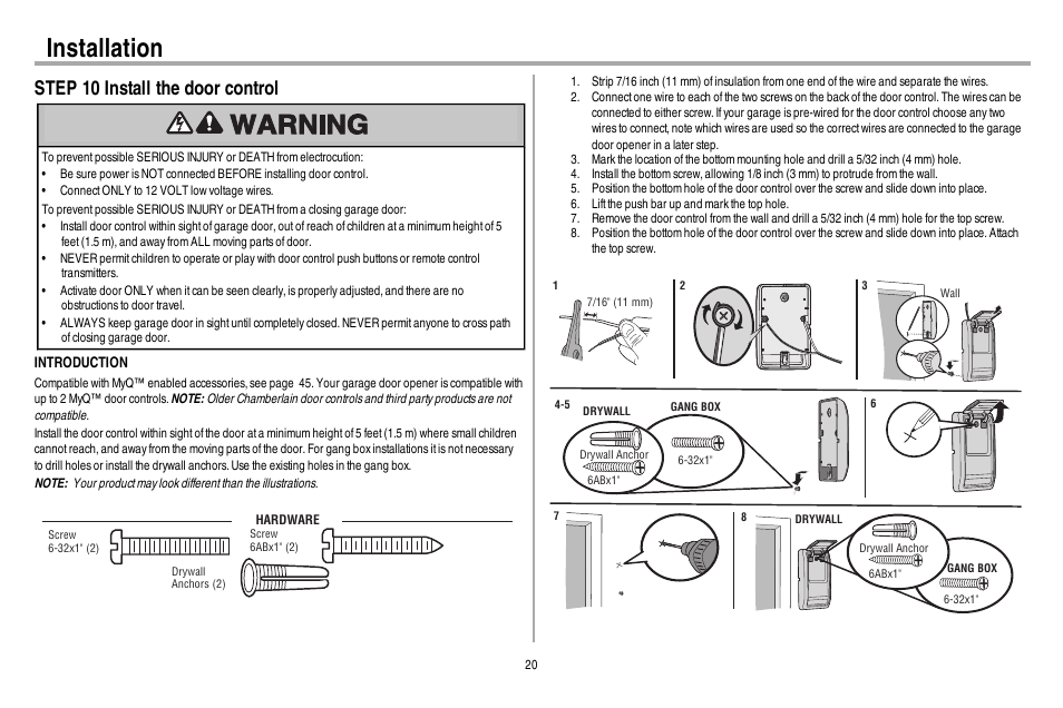 Step 10 install the door control, Installation | Chamberlain WD962KEV User Manual | Page 21 / 48