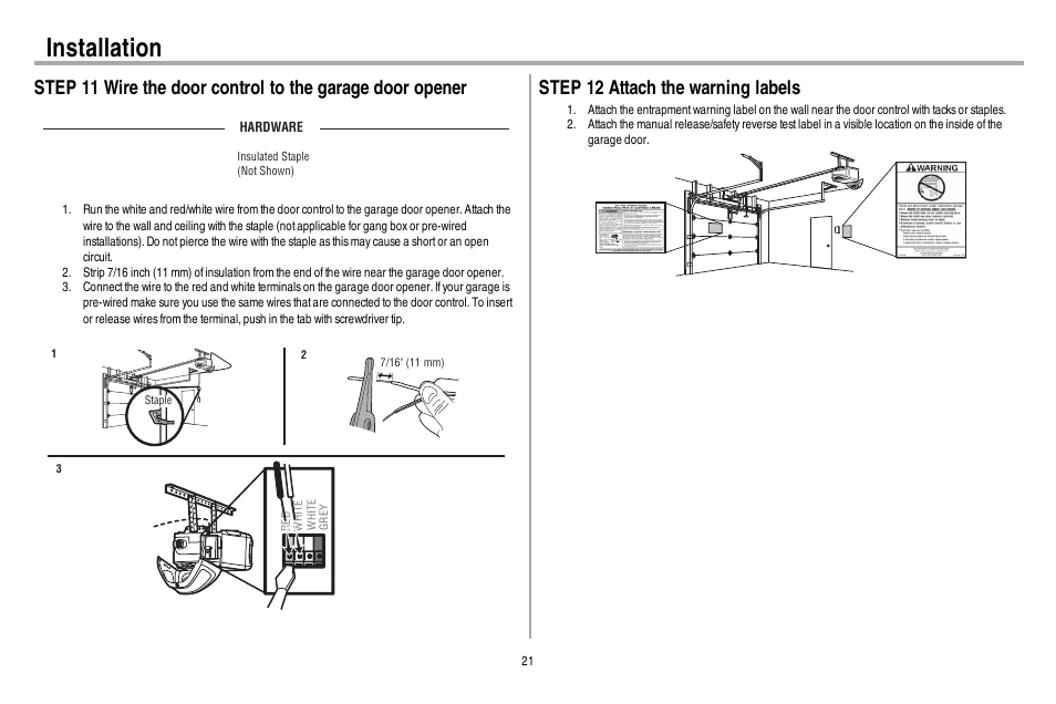 Step 12 attach the warning labels, Installation | Chamberlain WD962KEV User Manual | Page 22 / 48