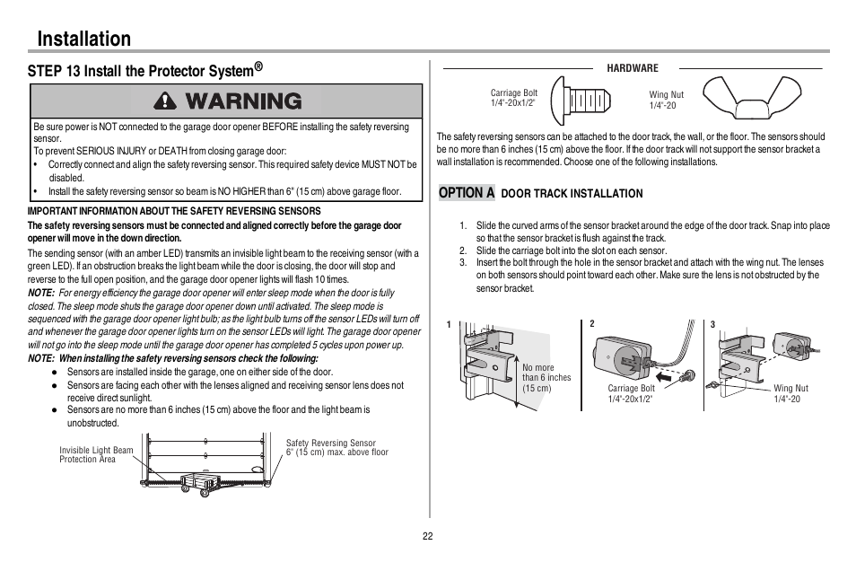 Step 13 install the protector system, Option a door track installation, Installation | Option a | Chamberlain WD962KEV User Manual | Page 23 / 48