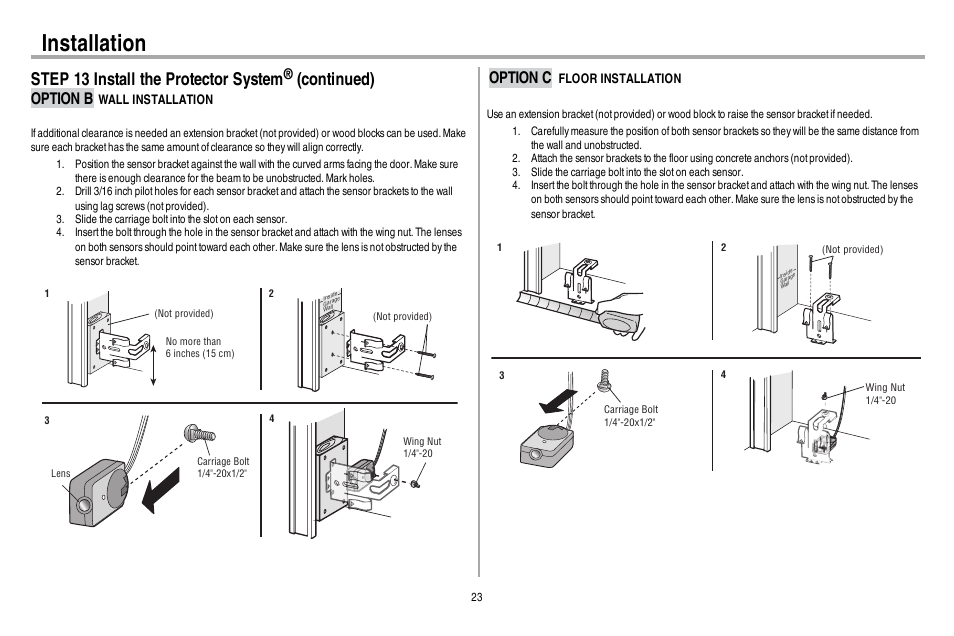 Option b wall installation, Option c floor installation, Installation | Step 13 install the protector system, Continued), Option b, Option c | Chamberlain WD962KEV User Manual | Page 24 / 48