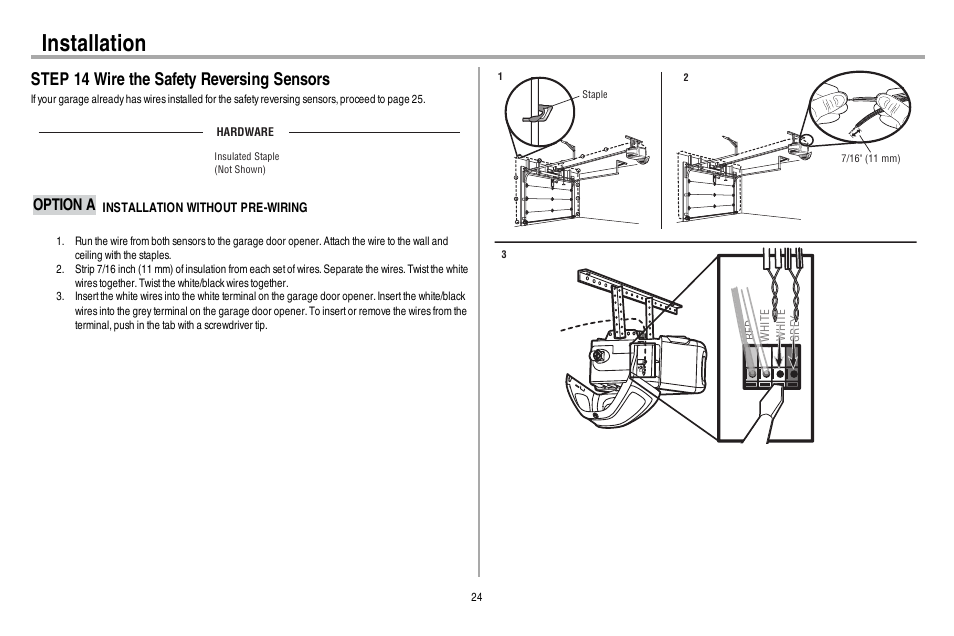 Step 14 wire the safety reversing sensors, Option a installation without pre-wiring, Installation | Option a | Chamberlain WD962KEV User Manual | Page 25 / 48