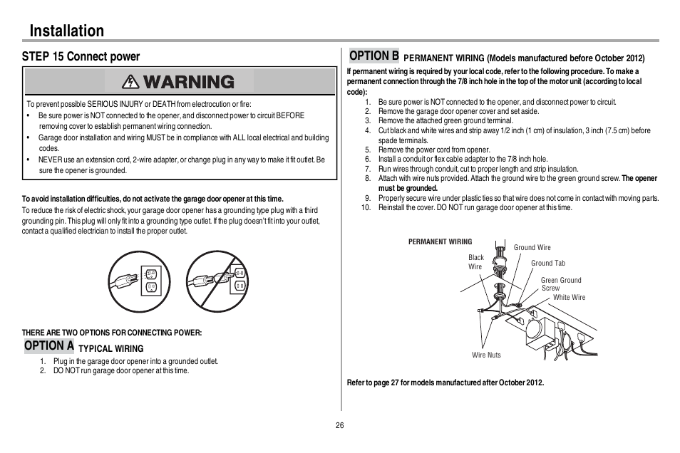 Step 15 connect power, Option a typical wiring, Option b permanent wiring | Installation, Option a, Option b | Chamberlain WD962KEV User Manual | Page 27 / 48