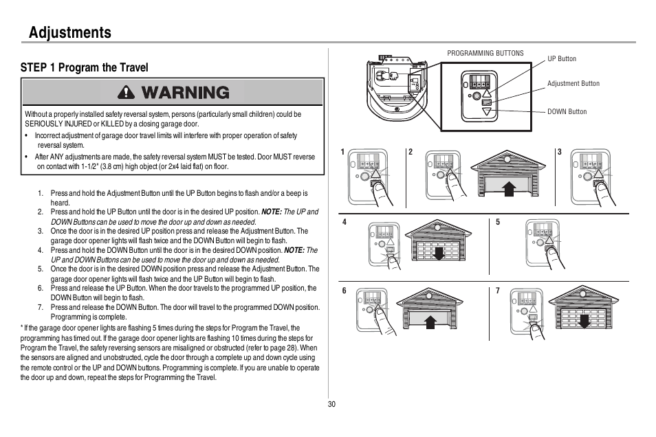 Step 1 program the travel, Adjustments | Chamberlain WD962KEV User Manual | Page 31 / 48