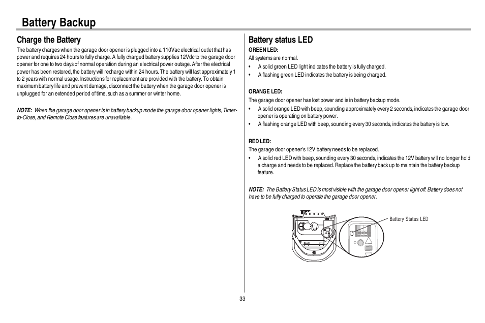 Charge the battery, Battery status led, Battery backup | Chamberlain WD962KEV User Manual | Page 34 / 48