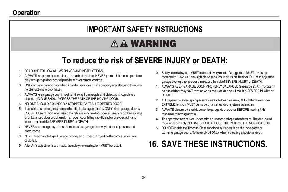 Operation, Save these instructions, Important safety instructions | Chamberlain WD962KEV User Manual | Page 35 / 48