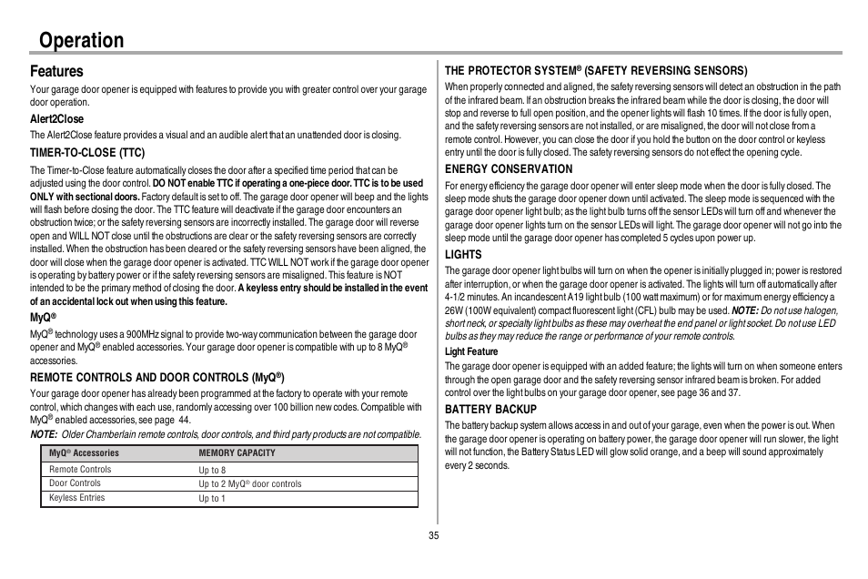 Features, Operation | Chamberlain WD962KEV User Manual | Page 36 / 48