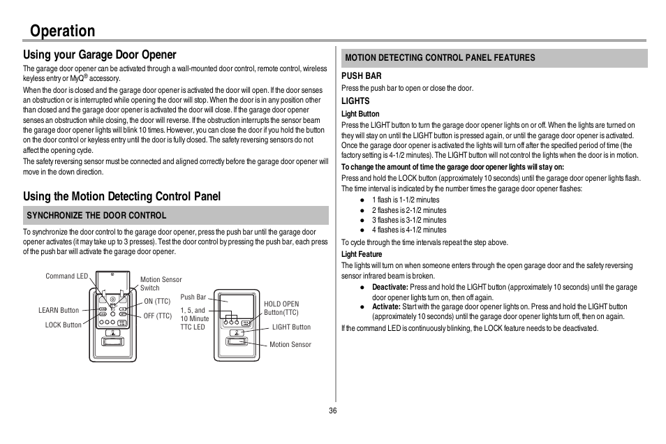 Using your garage door opener, Using the motion detecting control panel, Operation | Chamberlain WD962KEV User Manual | Page 37 / 48