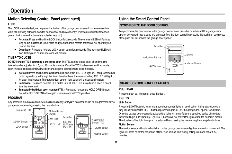 Using the smart control panel, Operation, Motion detecting control panel (continued) | Chamberlain WD962KEV User Manual | Page 38 / 48
