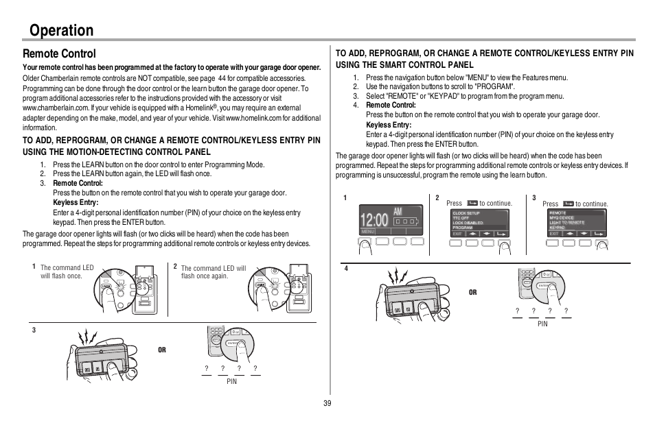 Remote control, Operation, Enter | Chamberlain WD962KEV User Manual | Page 40 / 48