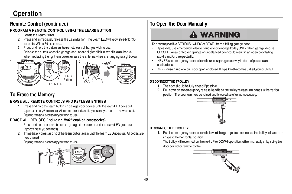 To erase the memory, To open the door manually, Operation | Remote control (continued) | Chamberlain WD962KEV User Manual | Page 41 / 48