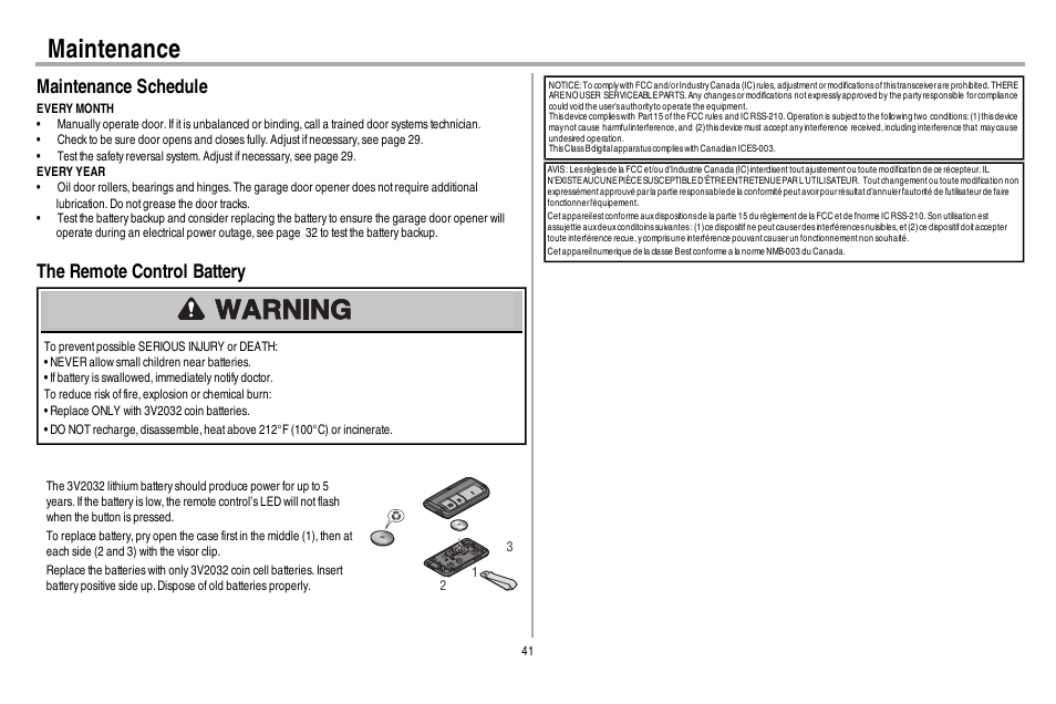 Maintenance, Maintenance schedule, The remote control battery | Chamberlain WD962KEV User Manual | Page 42 / 48