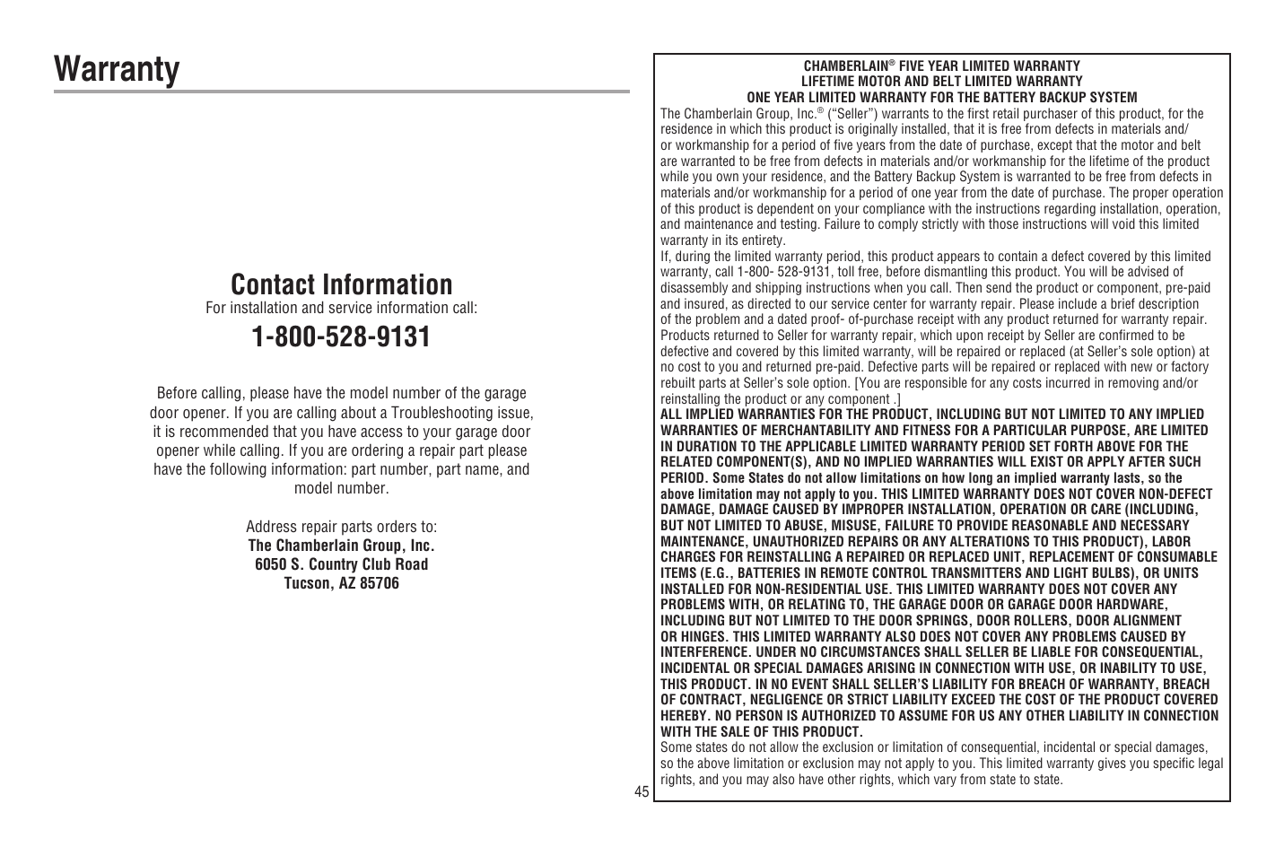 Warranty, Contact information | Chamberlain WD962KEV User Manual | Page 46 / 48