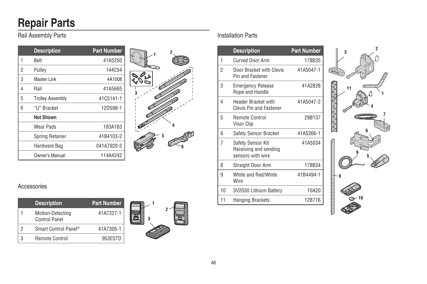 Repair parts, Rail assembly parts, Accessories | Installation parts, Rail assembly parts accessories installation parts | Chamberlain WD962KEV User Manual | Page 47 / 48
