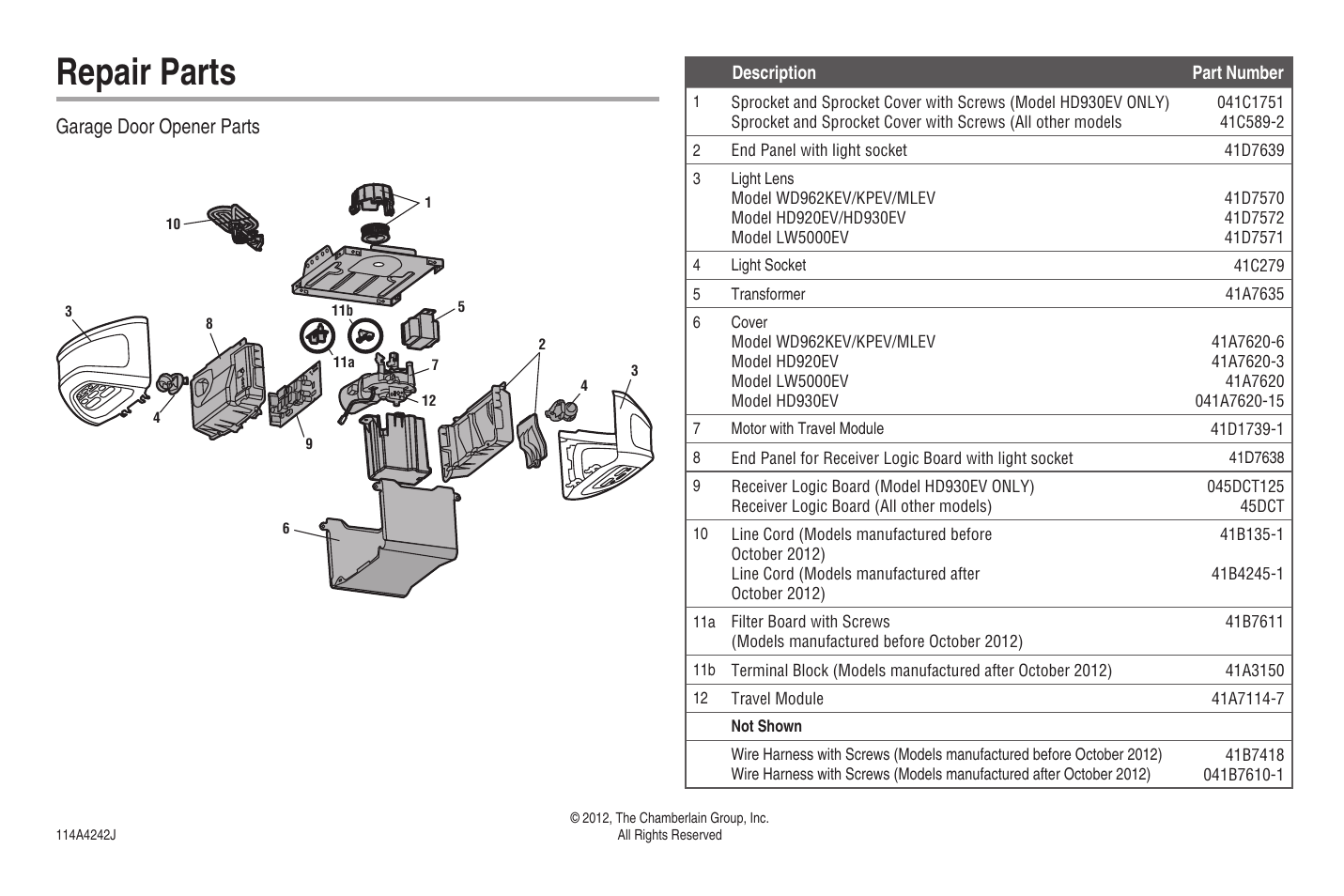 Garage door opener parts, Repair parts | Chamberlain WD962KEV User Manual | Page 48 / 48