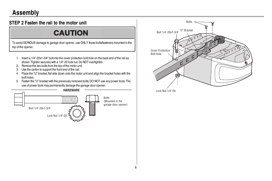 Step 2 fasten the rail to the motor unit, Assembly | Chamberlain WD962KEV User Manual | Page 7 / 48