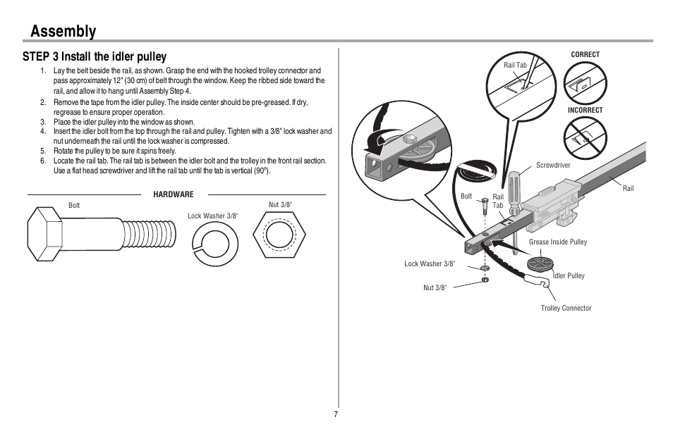 Step 3 install the idler pulley, Assembly | Chamberlain WD962KEV User Manual | Page 8 / 48