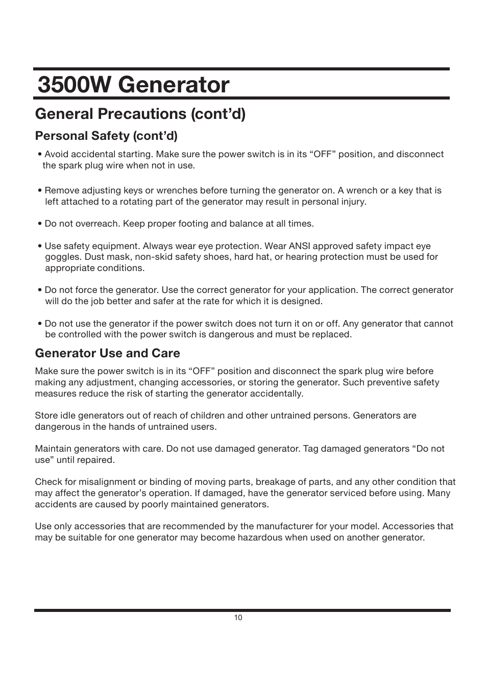3500w generator, General precautions (cont’d), Personal safety (cont’d) | Generator use and care | All Power APG3002S User Manual | Page 10 / 50
