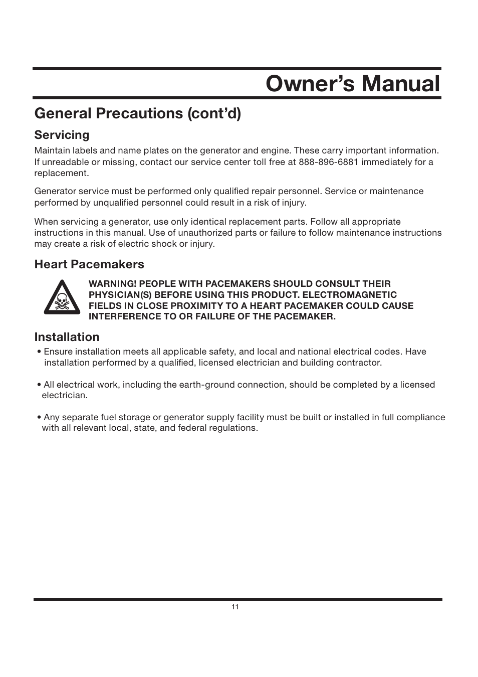 Owner’s manual, General precautions (cont’d) | All Power APG3002S User Manual | Page 11 / 50
