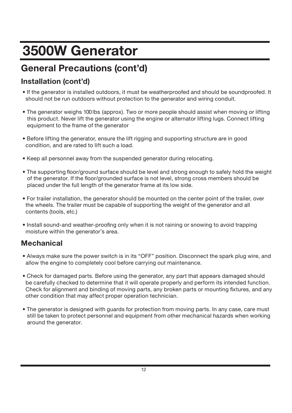 3500w generator, General precautions (cont’d), Installation (cont’d) | Mechanical | All Power APG3002S User Manual | Page 12 / 50