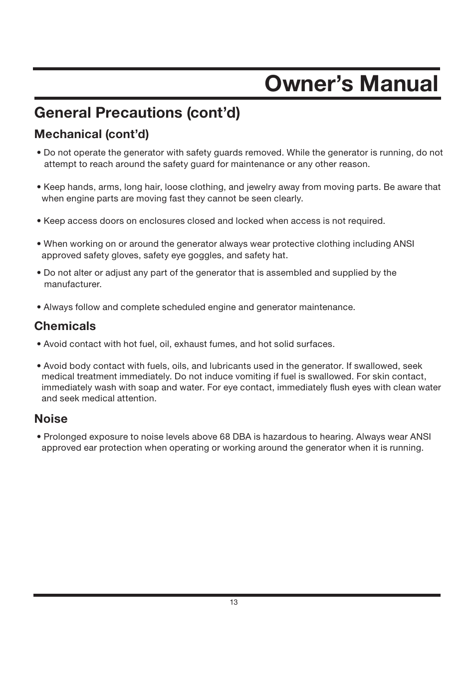 Owner’s manual, General precautions (cont’d) | All Power APG3002S User Manual | Page 13 / 50